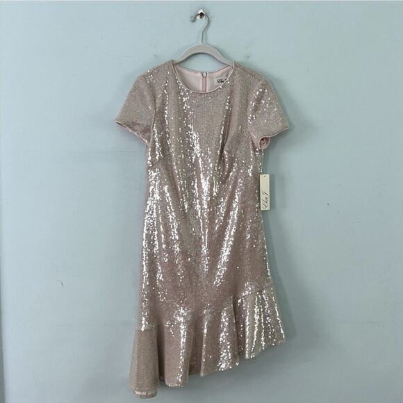 NWT Eliza J Sequin Neutral Blush Ruffled A-Line Asymmetric Ruffle Hem Dress - Picture 3 of 8